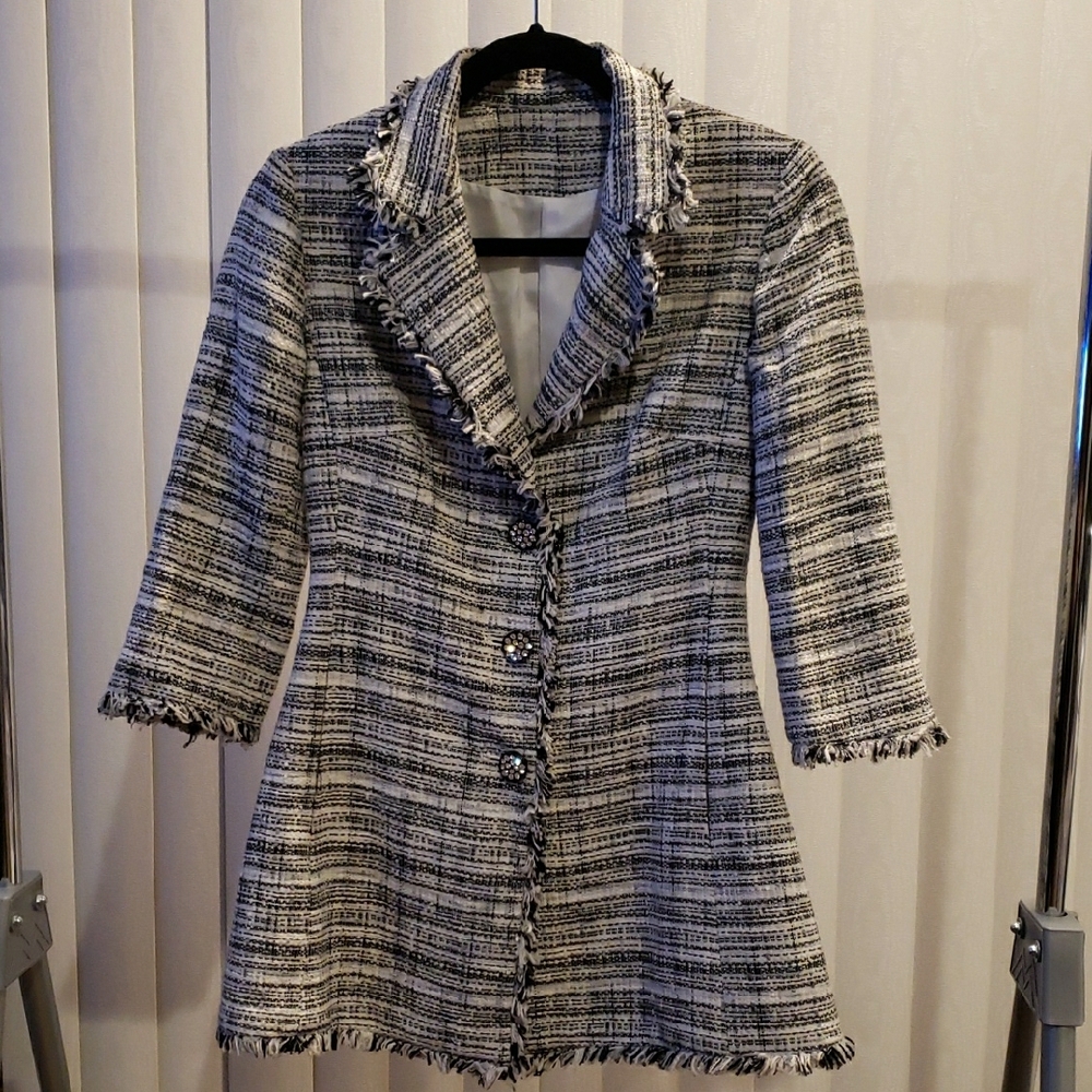 Black and White Blazer with Textured Tweed Design
